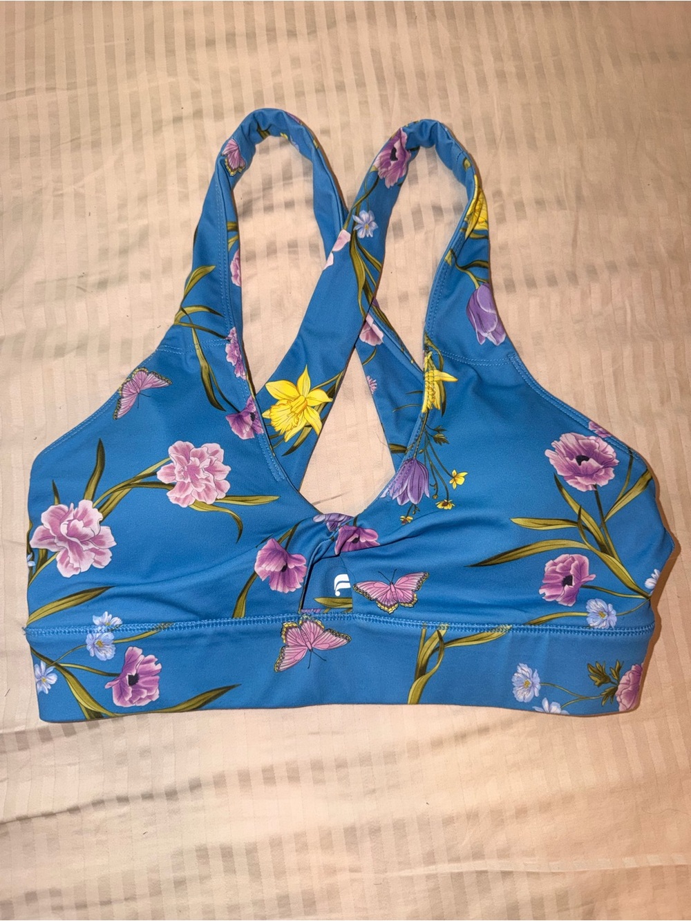 Fabletics Blue Floral Sports Bra with Purple & Yellow Accents